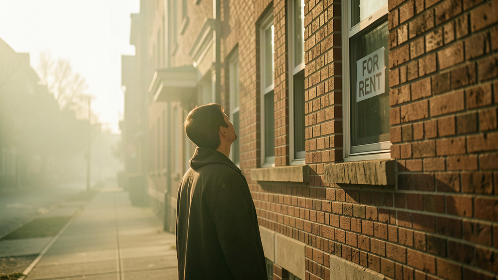 A man looking up at an apartment window