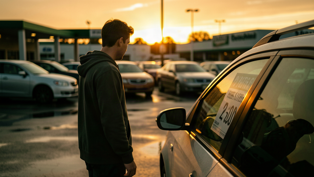 A man at a car lot, looking at a price he shouldn't have to pay